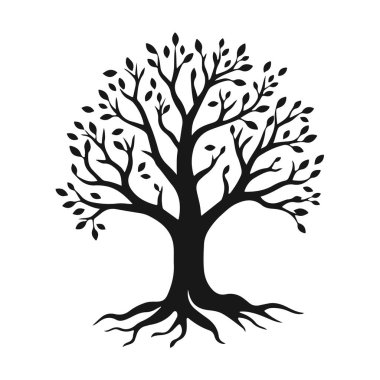 Eğimli gövdesi ve yaprakları olan biçimlendirilmiş ağaç silueti, eko tasarım için doğa amblemi, ya da logo konsepti, ağaç vektörü silueti, doğa sembolü, eko logo, orman amblemi.