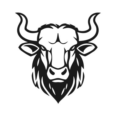 Boğa başlı logo, güçlü hayvan amblemi, kızgın boğa yüzü, boynuzlu canavar ikonu, vektör çizimi.
