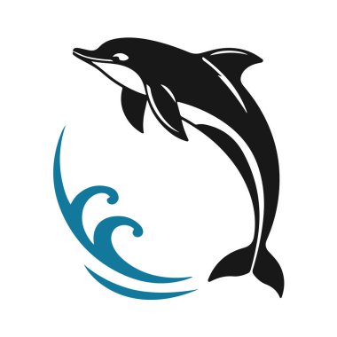 Siyah siluette yunus logosu, deniz amblemi, okyanus simgesi, deniz hayvanı, su sembolü.