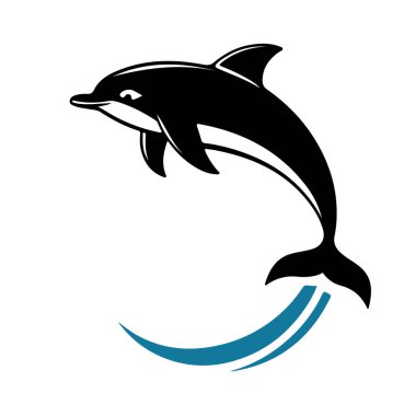 Siyah siluette yunus logosu, deniz amblemi, okyanus simgesi, deniz hayvanı, su sembolü.