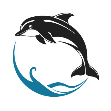 Siyah siluette yunus logosu, deniz amblemi, okyanus simgesi, deniz hayvanı, su sembolü.