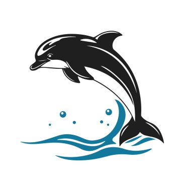 Siyah siluette yunus logosu, deniz amblemi, okyanus simgesi, deniz hayvanı, su sembolü.