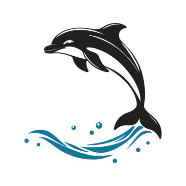 Siyah siluette yunus logosu, deniz amblemi, okyanus simgesi, deniz hayvanı, su sembolü.