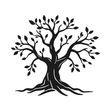 Eğimli gövdesi ve yaprakları olan biçimlendirilmiş ağaç silueti, eko tasarım için doğa amblemi, ya da logo konsepti, ağaç vektörü silueti, doğa sembolü, eko logo, orman amblemi.