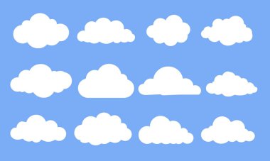 Çizgi film bulutları simgeleri ayarlandı. Çocuklar için vektör düz hava bulutları koleksiyonu uygulaması, bulutlu manzara, mavi gökyüzü, gökyüzü unsurları, düz tasarım