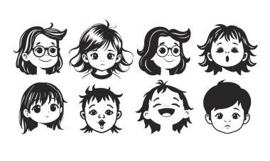 Tatlı çocuk yüzleri, çizgi film çocukları, duygusal bebek ifadeleri, siyah beyaz karakterler.