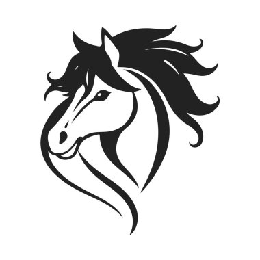 Çizgi film at kafası, komik hayvan yüzü, şirin midilli çizimi, at tasarımı, siyah beyaz vektör.