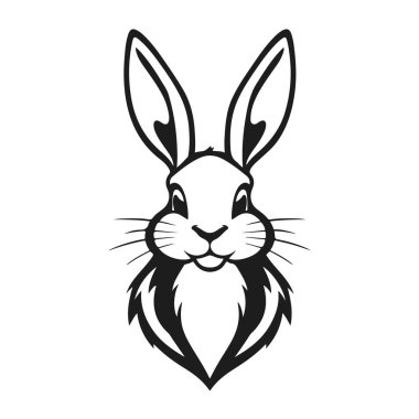  Sevimli tavşan kafası, tavşan surat, çizgi film tavşan logosu, siyah beyaz hayvan, vektör orman yaratığı çizimi