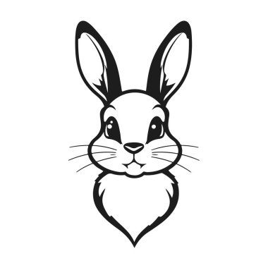  Sevimli tavşan kafası, tavşan surat, çizgi film tavşan logosu, siyah beyaz hayvan, vektör orman yaratığı çizimi