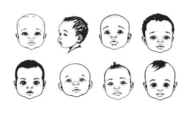 Bebek yüz koleksiyonu, şirin bebek kafaları, çizgi film çocuk portreleri, bebek duyguları seti, siyah beyaz çizim