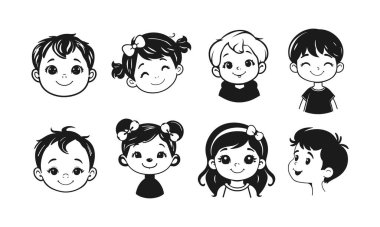 Tatlı çocuk yüzleri, çizgi film çocukları, duygusal bebek ifadeleri, siyah beyaz karakterler.