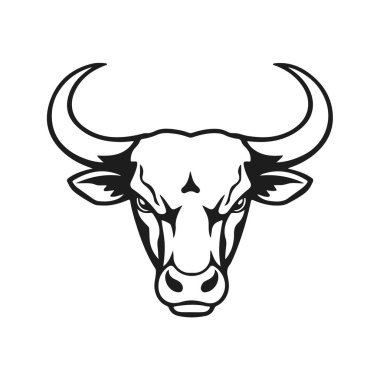 Boğa başlı logo, güçlü hayvan amblemi, kızgın boğa yüzü, boynuzlu canavar ikonu, vektör çizimi.