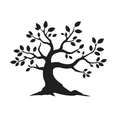 Eğimli gövdesi ve yaprakları olan biçimlendirilmiş ağaç silueti, eko tasarım için doğa amblemi, ya da logo konsepti, ağaç vektörü silueti, doğa sembolü, eko logo, orman amblemi.