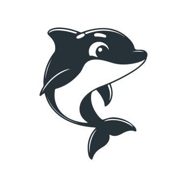 Şirin yunus karikatürü, okyanus hayvanı çizimi, deniz yaşam vektörü, mutlu deniz memelisi, siyah beyaz çizim.