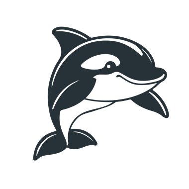 Şirin yunus karikatürü, okyanus hayvanı çizimi, deniz yaşam vektörü, mutlu deniz memelisi, siyah beyaz çizim.