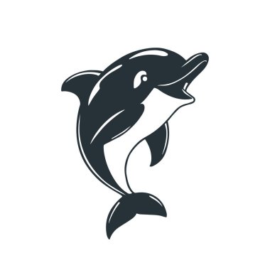 Şirin yunus karikatürü, okyanus hayvanı çizimi, deniz yaşam vektörü, mutlu deniz memelisi, siyah beyaz çizim.