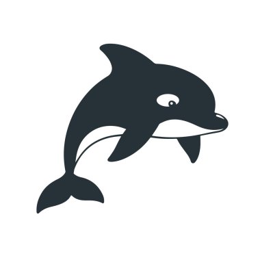 Şirin yunus karikatürü, okyanus hayvanı çizimi, deniz yaşam vektörü, mutlu deniz memelisi, siyah beyaz çizim.