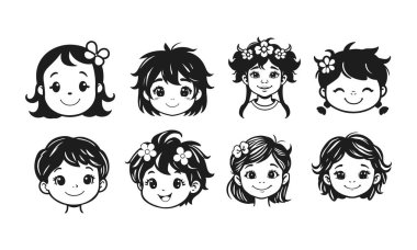 Tatlı çocuk yüzleri, çizgi film çocukları, duygusal bebek ifadeleri, siyah beyaz karakterler.