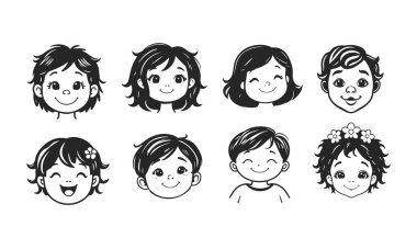 Tatlı çocuk yüzleri, çizgi film çocukları, duygusal bebek ifadeleri, siyah beyaz karakterler.