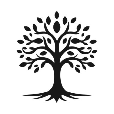 Eğimli gövdesi ve yaprakları olan biçimlendirilmiş ağaç silueti, eko tasarım için doğa amblemi, ya da logo konsepti, ağaç vektörü silueti, doğa sembolü, eko logo, orman amblemi.