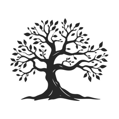 Eğimli gövdesi ve yaprakları olan biçimlendirilmiş ağaç silueti, eko tasarım için doğa amblemi, ya da logo konsepti, ağaç vektörü silueti, doğa sembolü, eko logo, orman amblemi.