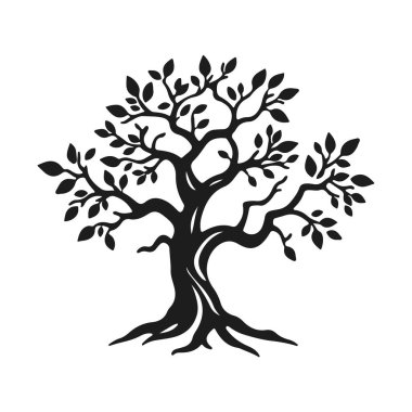 Eğimli gövdesi ve yaprakları olan biçimlendirilmiş ağaç silueti, eko tasarım için doğa amblemi, ya da logo konsepti, ağaç vektörü silueti, doğa sembolü, eko logo, orman amblemi.