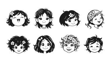 Tatlı çocuk yüzleri, çizgi film çocukları, duygusal bebek ifadeleri, siyah beyaz karakterler.