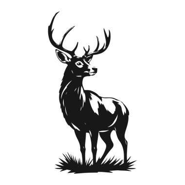 Geyik silueti vektörü, vahşi hayvan sanatı, orman geyiği illüstrasyonu, geyik boynuzu çizimi, klasik vahşi yaşam tasarımı