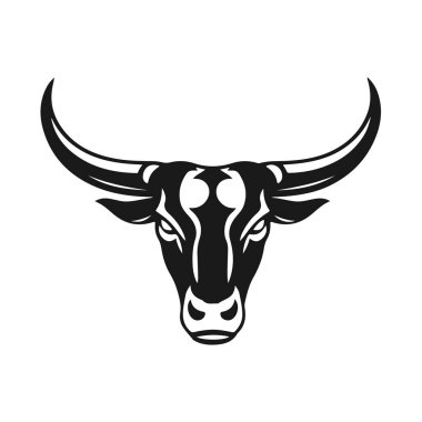 Boğa başlı logo, güçlü hayvan amblemi, kızgın boğa yüzü, boynuzlu canavar ikonu, vektör çizimi.