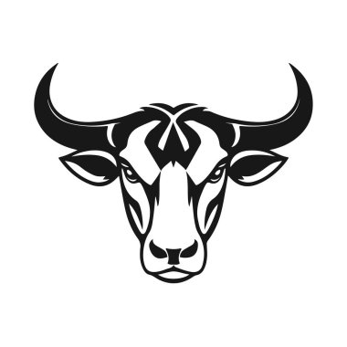 Boğa başlı logo, güçlü hayvan amblemi, kızgın boğa yüzü, boynuzlu canavar ikonu, vektör çizimi.