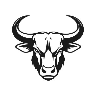 Boğa başlı logo, güçlü hayvan amblemi, kızgın boğa yüzü, boynuzlu canavar ikonu, vektör çizimi.