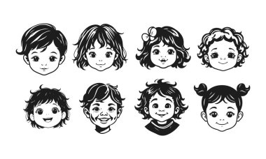 Tatlı çocuk yüzleri, çizgi film çocukları, duygusal bebek ifadeleri, siyah beyaz karakterler.