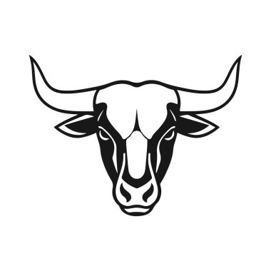 Boğa başlı logo, güçlü hayvan amblemi, kızgın boğa yüzü, boynuzlu canavar ikonu, vektör çizimi.