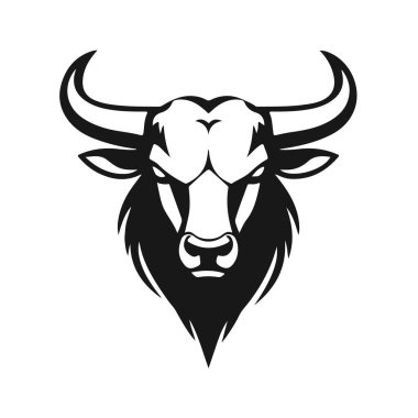 Boğa başlı logo, güçlü hayvan amblemi, kızgın boğa yüzü, boynuzlu canavar ikonu, vektör çizimi.
