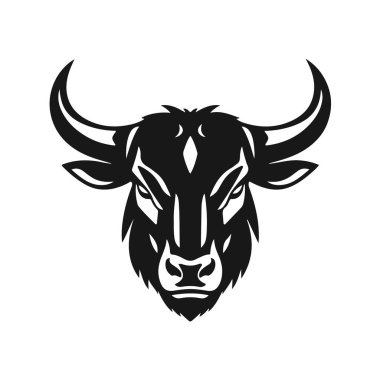 Boğa başlı logo, güçlü hayvan amblemi, kızgın boğa yüzü, boynuzlu canavar ikonu, vektör çizimi.