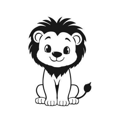 Çizgi film yavru aslan, sevimli orman hayvanı, oturan yavru vektör, tapılası vahşi kedi, mutlu aslan çizimi