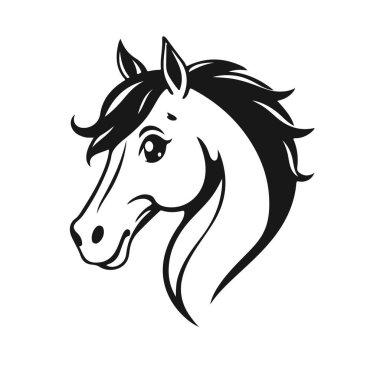 Şirin at kafası, çizgi film at yüzü, siyah beyaz aygır, tapılası midilli çizimi, vektör hayvan çizimi.