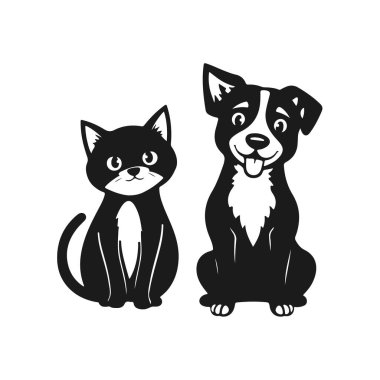 Çizgi film kedisi ve köpeği, sevimli hayvan arkadaşları, komik hayvan karakterleri, tapılası vektör sanatı, oyuncu hayvan çizimi