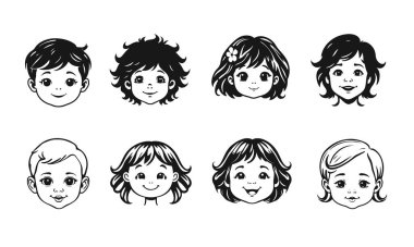 Tatlı çocuk yüzleri, çizgi film çocukları, duygusal bebek ifadeleri, siyah beyaz karakterler.