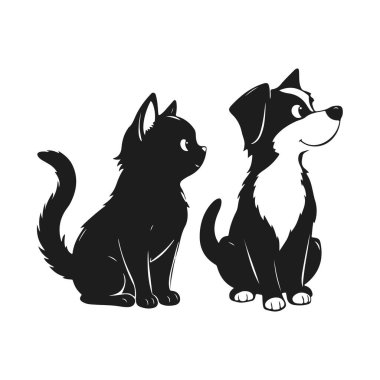 Çizgi film kedisi ve köpeği, sevimli hayvan arkadaşları, komik hayvan karakterleri, tapılası vektör sanatı, oyuncu hayvan çizimi