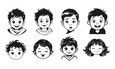 Tatlı çocuk yüzleri, çizgi film çocukları, duygusal bebek ifadeleri, siyah beyaz karakterler.