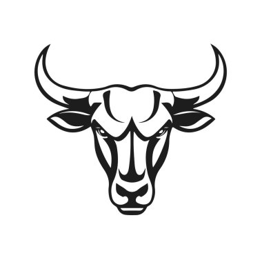 Boğa başlı logo, güçlü hayvan amblemi, kızgın boğa yüzü, boynuzlu canavar ikonu, vektör çizimi.