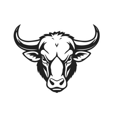 Boğa başlı logo, güçlü hayvan amblemi, kızgın boğa yüzü, boynuzlu canavar ikonu, vektör çizimi.