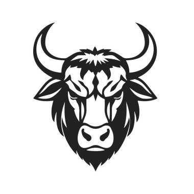 Boğa başlı logo, güçlü hayvan amblemi, kızgın boğa yüzü, boynuzlu canavar ikonu, vektör çizimi.