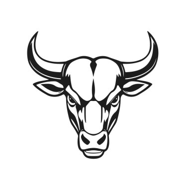 Boğa başlı logo, güçlü hayvan amblemi, kızgın boğa yüzü, boynuzlu canavar ikonu, vektör çizimi.