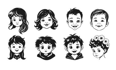 Tatlı çocuk yüzleri, çizgi film çocukları, duygusal bebek ifadeleri, siyah beyaz karakterler.