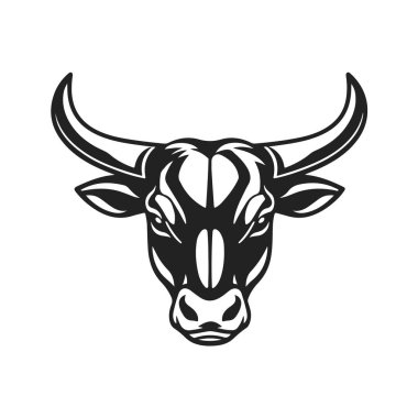 Boğa başlı logo, güçlü hayvan amblemi, kızgın boğa yüzü, boynuzlu canavar ikonu, vektör çizimi.