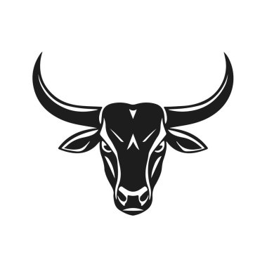 Boğa başlı logo, güçlü hayvan amblemi, kızgın boğa yüzü, boynuzlu canavar ikonu, vektör çizimi.
