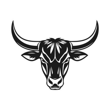Boğa başlı logo, güçlü hayvan amblemi, kızgın boğa yüzü, boynuzlu canavar ikonu, vektör çizimi.