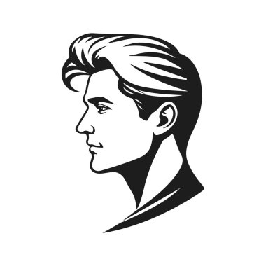 Berber dükkanı ya da markalaşma, vektör portresi, erkek avatarı, şık saç kesimi, modern saç stili için profil siyah beyaz portresi